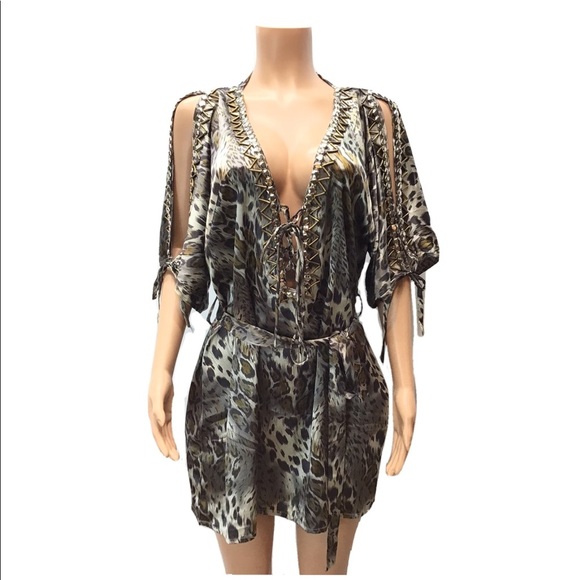 Varga Womens Sexy Satin Animal Print Tie Waist Sleep Shirt Size Large - Picture 2 of 8